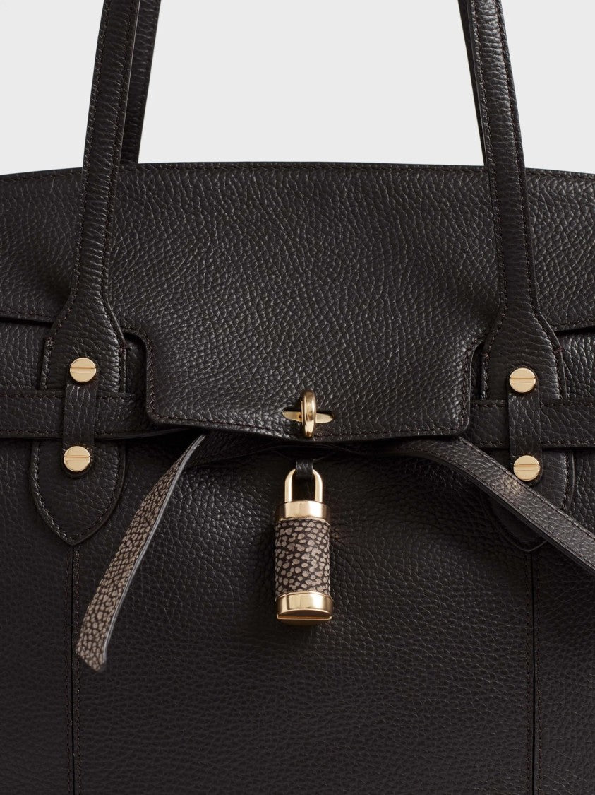 Borbonese Structured Brown Pebbled Tote Bag With Gold-Tone Detailing