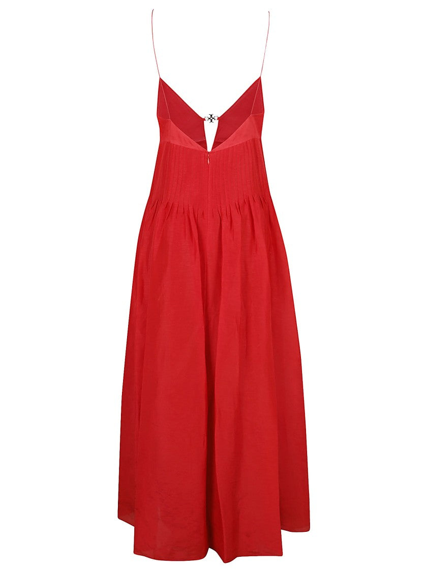 Tory Burch Deep V-Neck Linen Dress With Pleated Waist And Pendant Detail