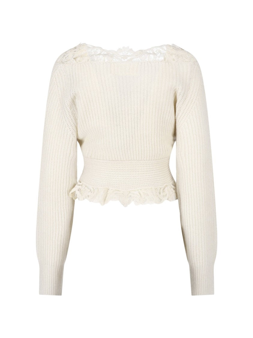 Ermanno Scervino Cream Lace-Trimmed Cashmere Cardigan