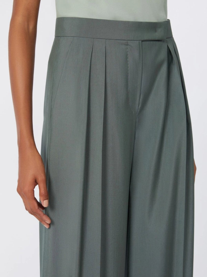 Max Mara Green Wide High Waist Wool Straight-Leg Pants