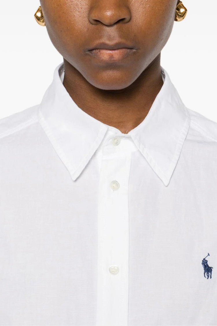 Polo Ralph Lauren White Point Collar Pony Logo Belted Cotton-Linen Shirt