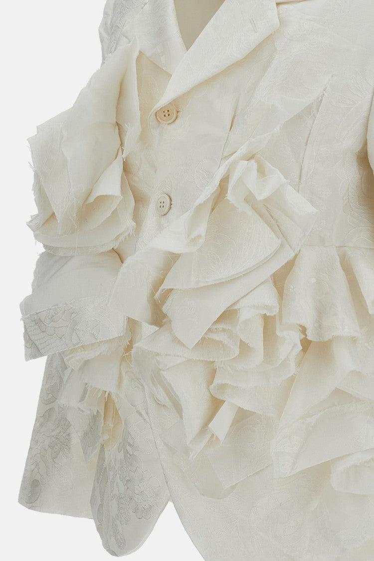 Comme Des Garçons White Structured Damask Ruffles Blazer