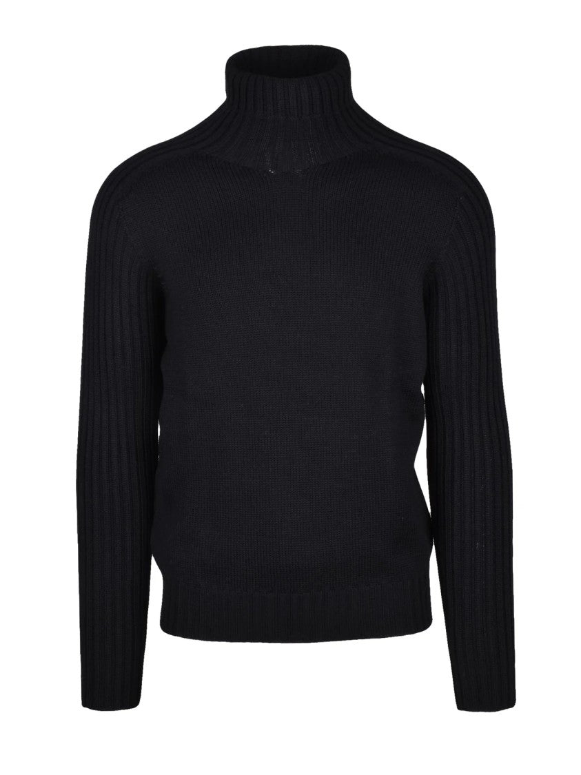 Gran Sasso Ribbed Black Virgin Wool Crew Neck Sweater