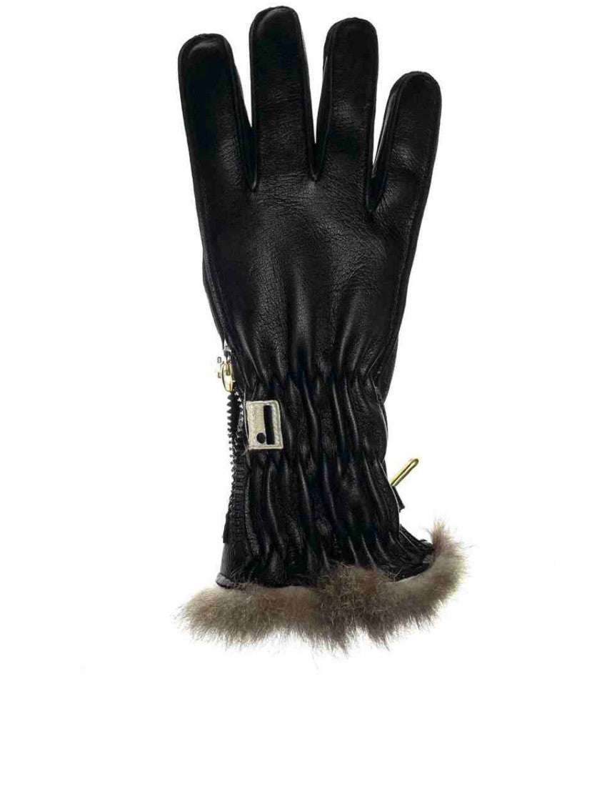 Restelli Black Nappa Opossuy Ruched Gloves