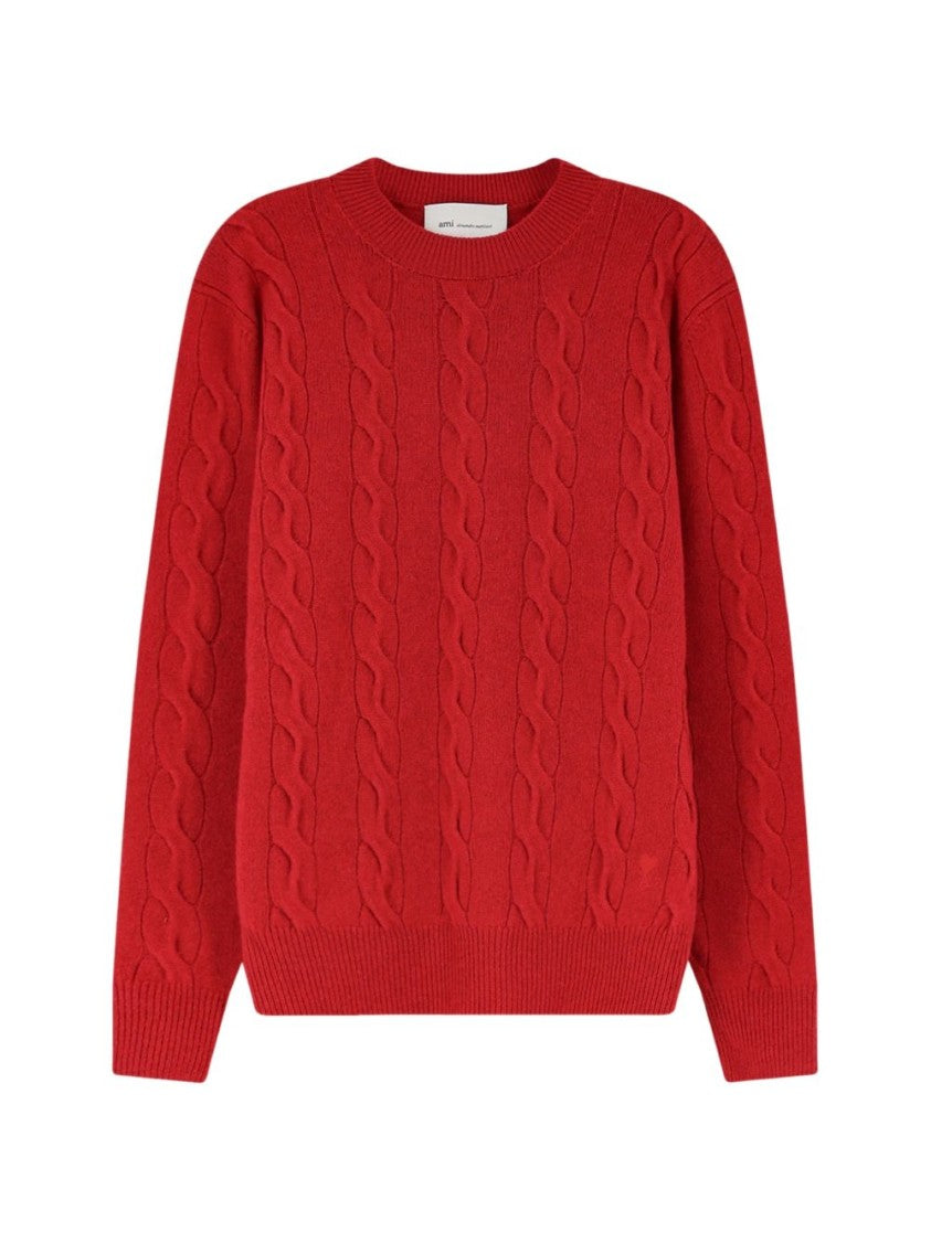 Ami Paris Cable Knit Sweater With Embroidered Logo Detail