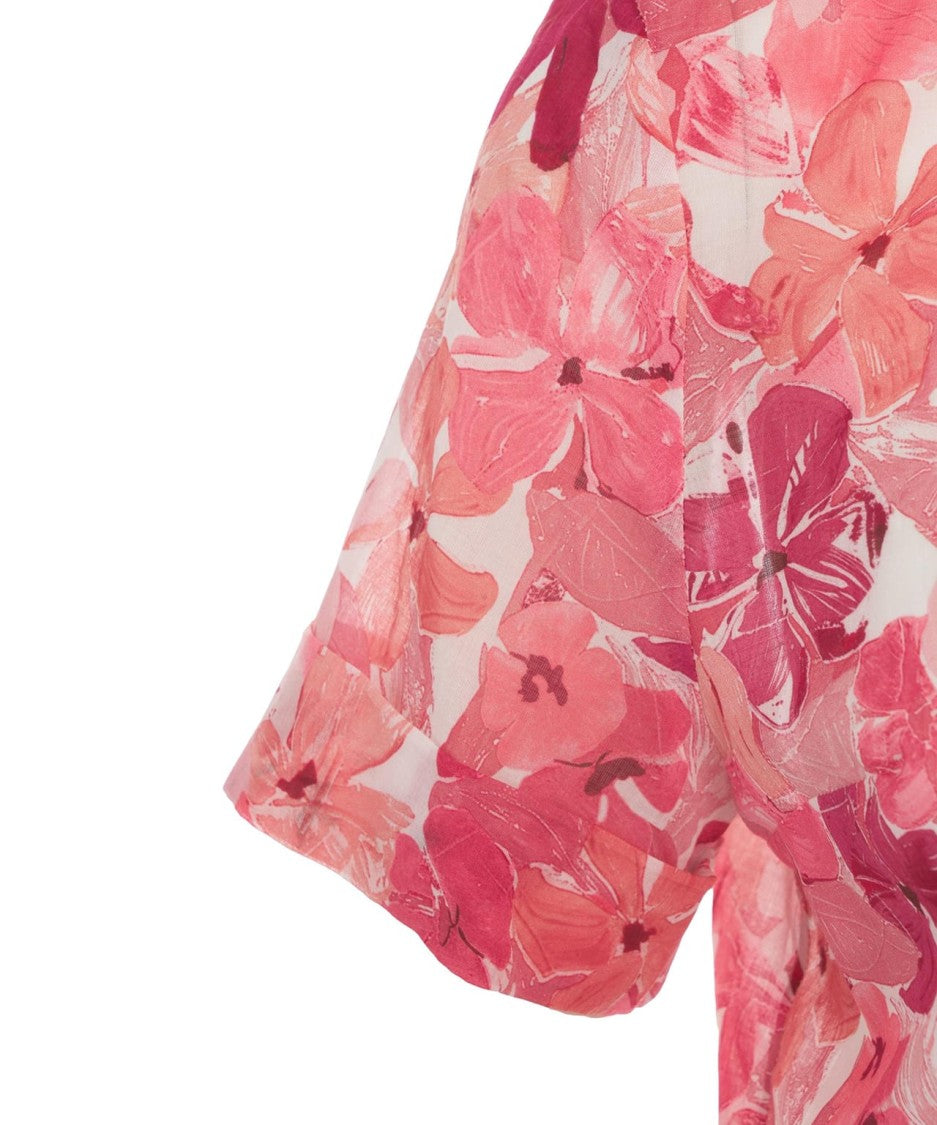 Himons Floral Patterned Red Blouse With V-Neckline