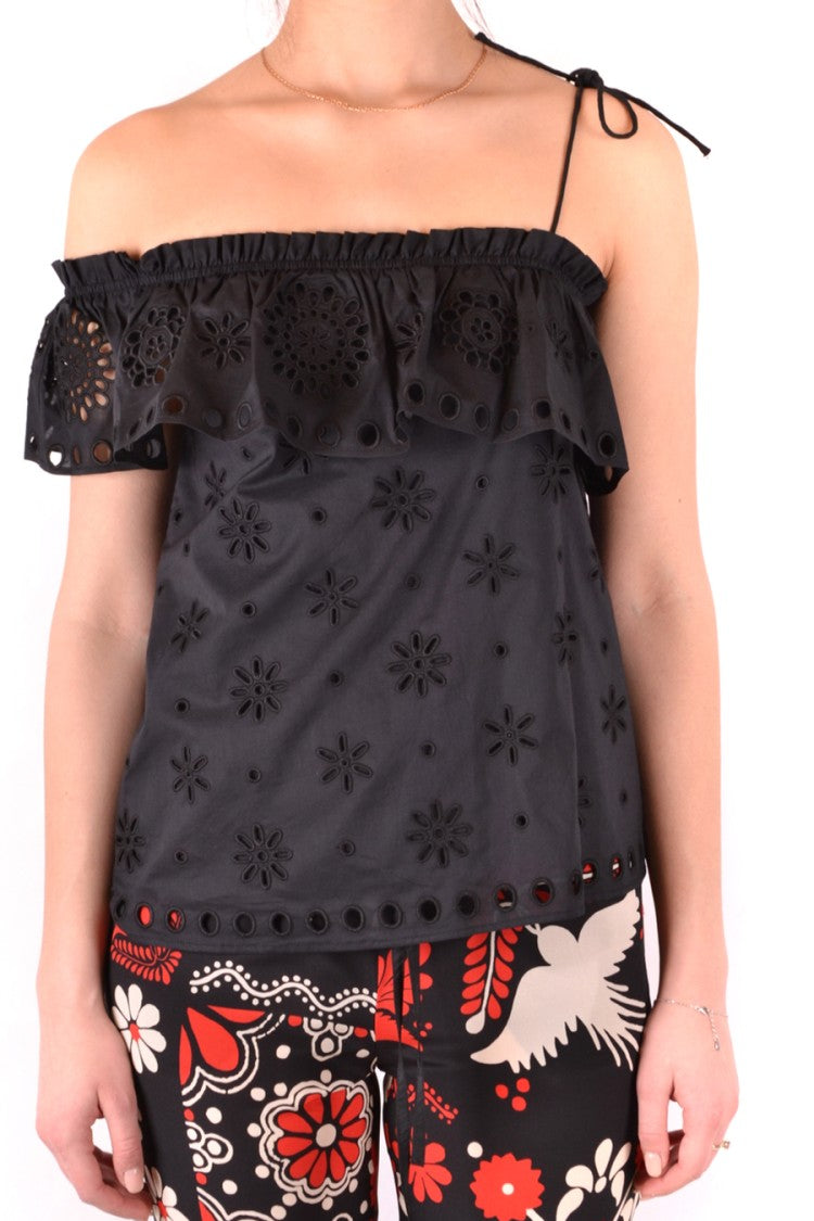 Red Valentino Off-Shoulder Black Top With Ruffled Overlay