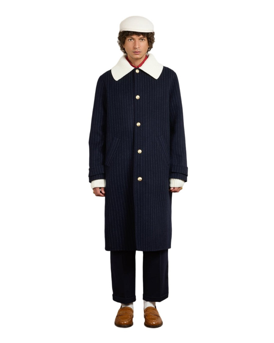 Drôle De Monsieur Dark Navy Striped Double-Sided Wool-Blend Coat