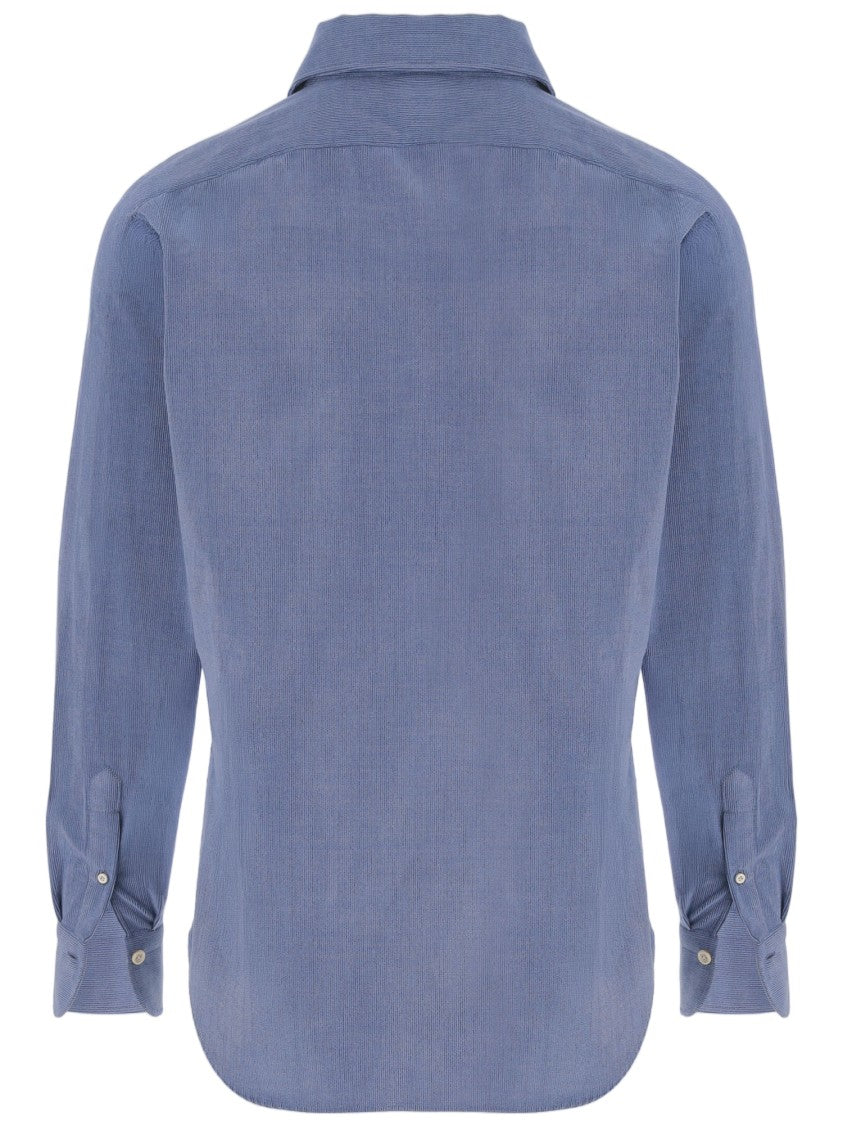 Finamore Light Blue Ribbed Cotton Curved Hem Shirt