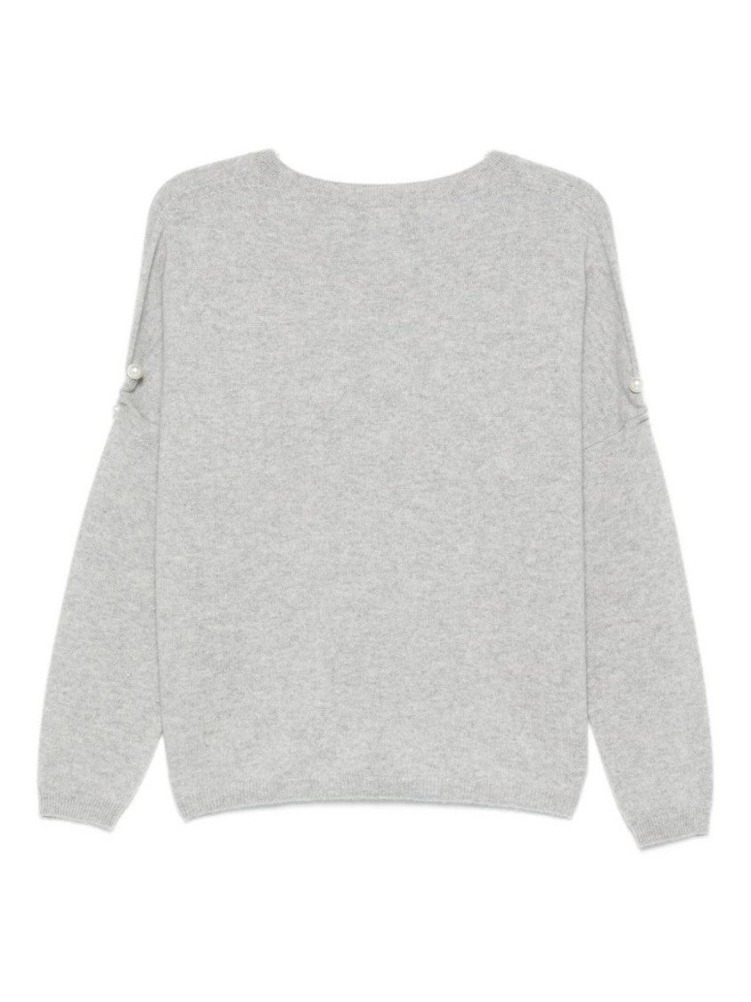 Vanisé Relaxed-Fit Gray Sweater With Pearl Button Details
