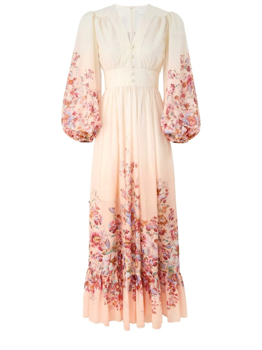 Zimmermann Multicolor V-Neck Puff Sleeves Maxi Dress