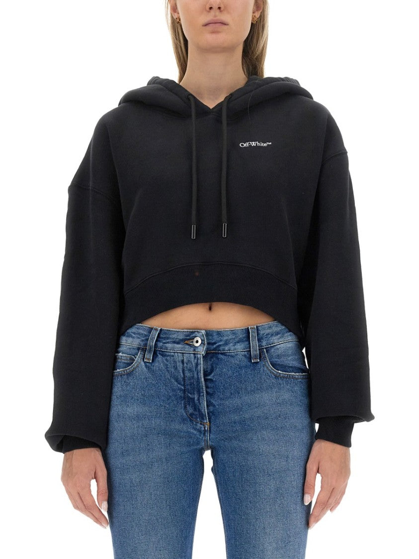 Off-White Cropped Black Sweatshirt With Hood And Drawstring