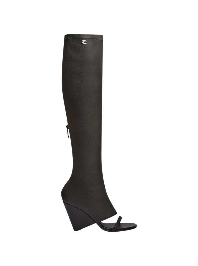 Courrèges Oblique Wedged Leather Open Toe Boots Black