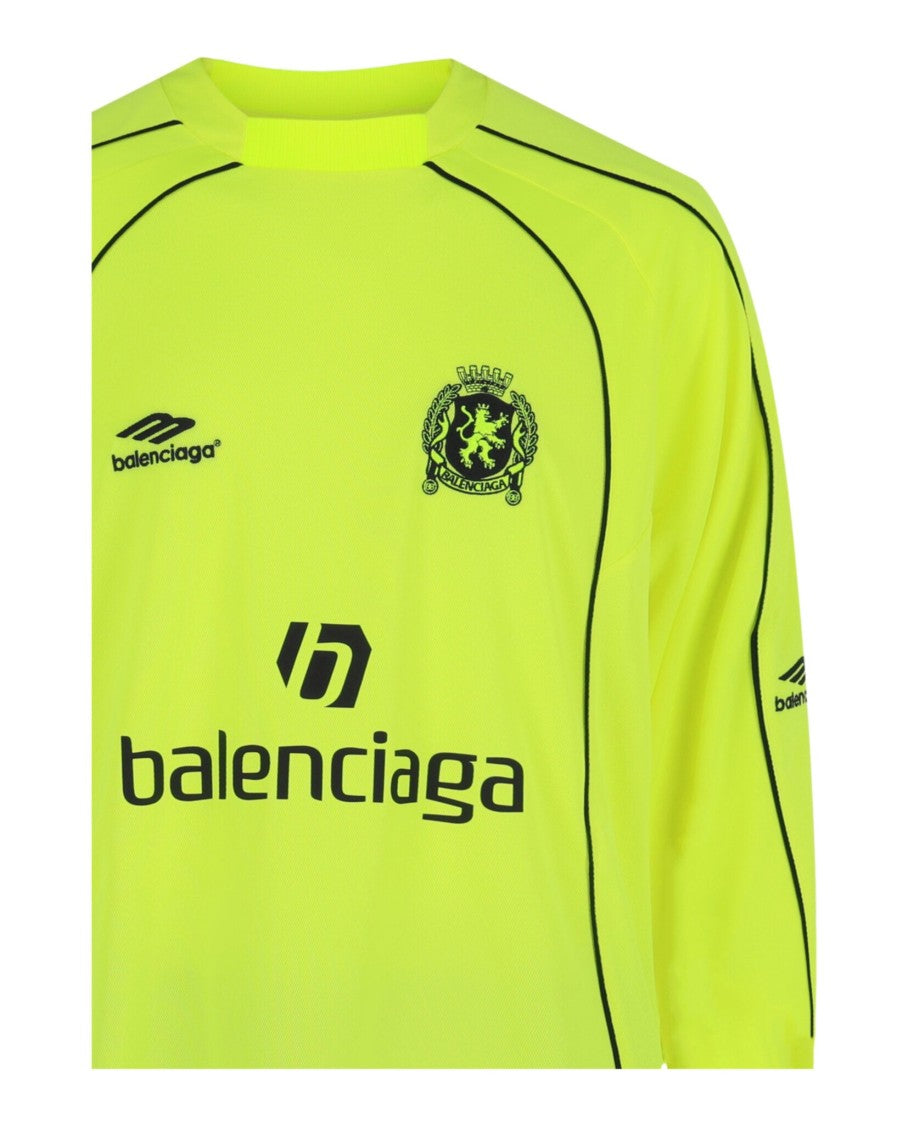 Balenciaga Neon Yellow Long Sleeve Soccer Shirt With Embroidered Graphics