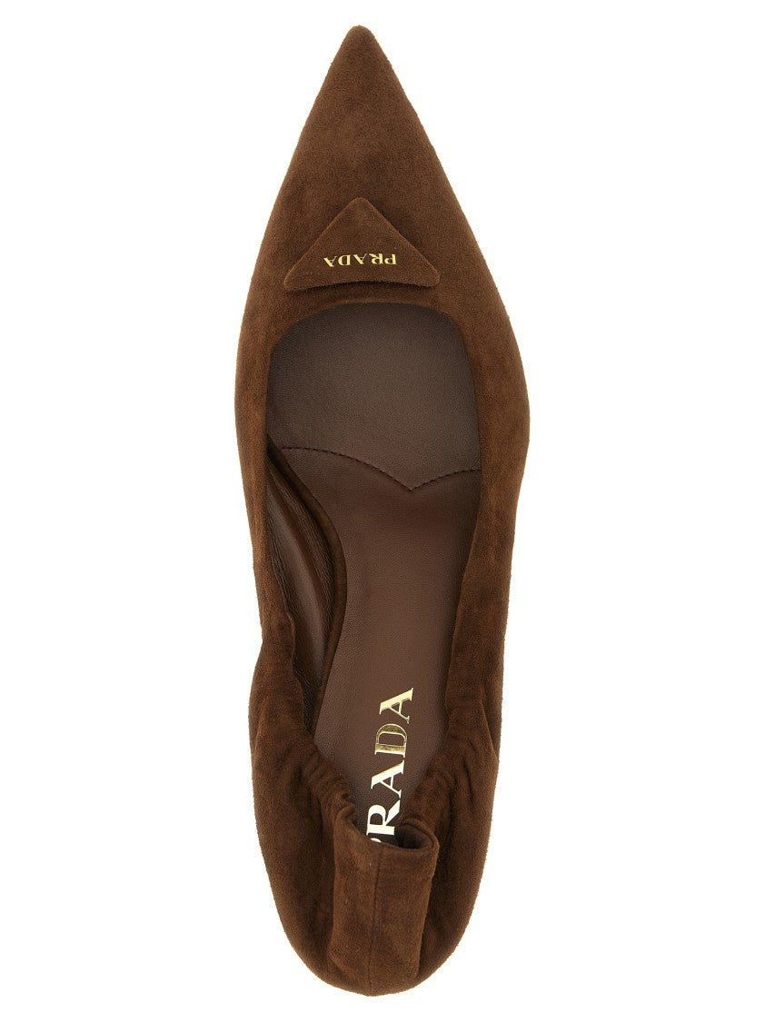 Prada Brown Suede Pointed Pumps With Triangle Logo