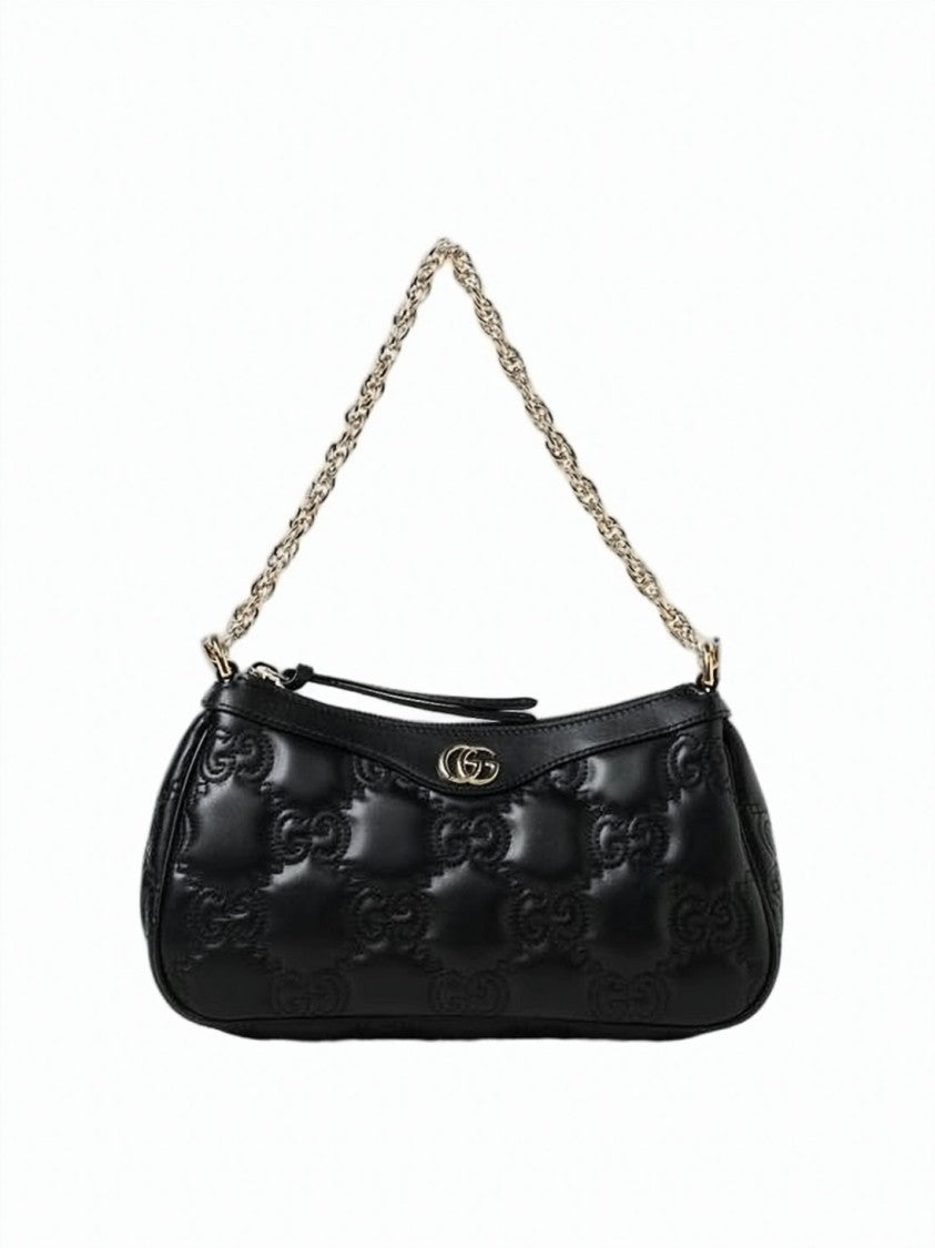 Gucci Quilted Black Shoulder Bag With Embossed Logo And Chain Strap