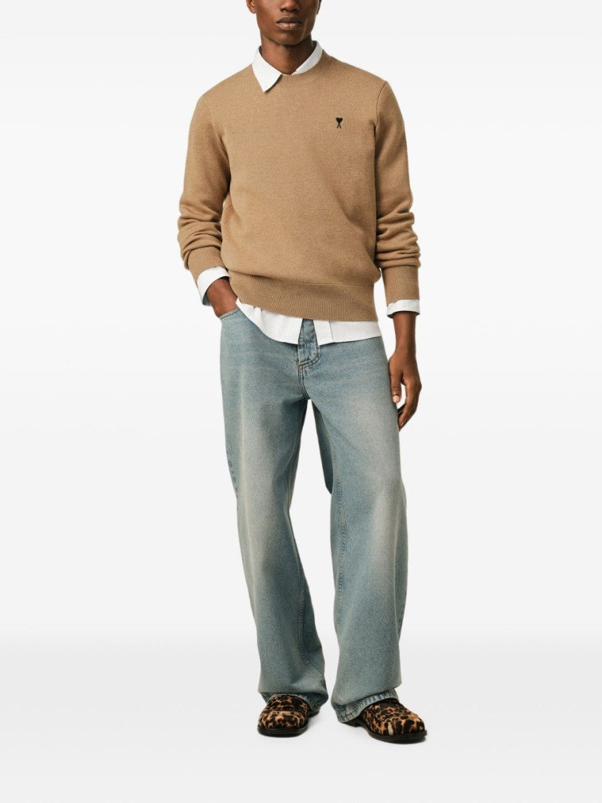 Ami Paris Crew Neck Sweater With Ribbed Details And Emblem