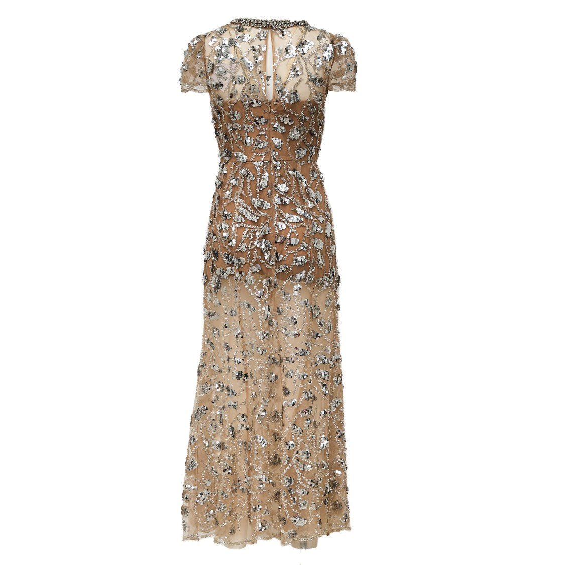 Self-Portrait Silver Sequin Embellished Midi Dress With Flared Silhouette