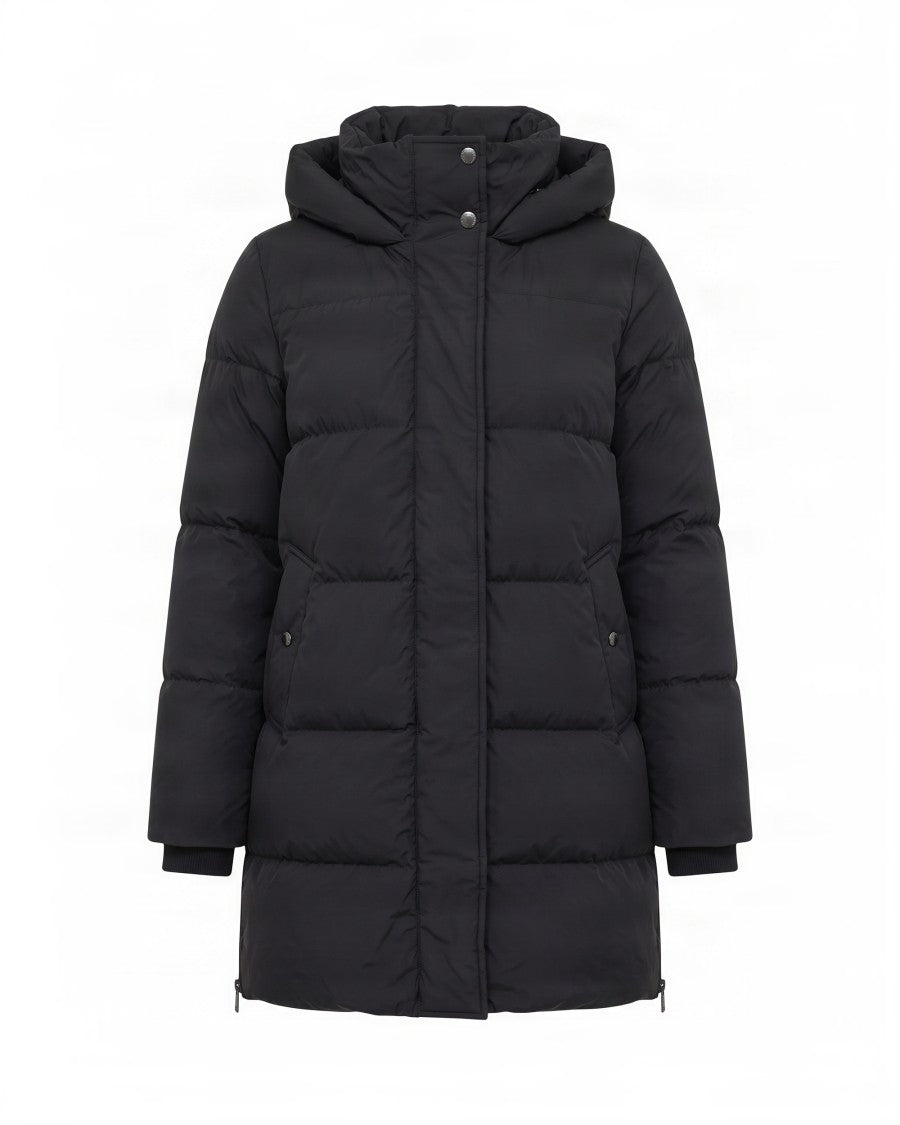 Woolrich Long Hooded Horizontal Quilted Down Jacket