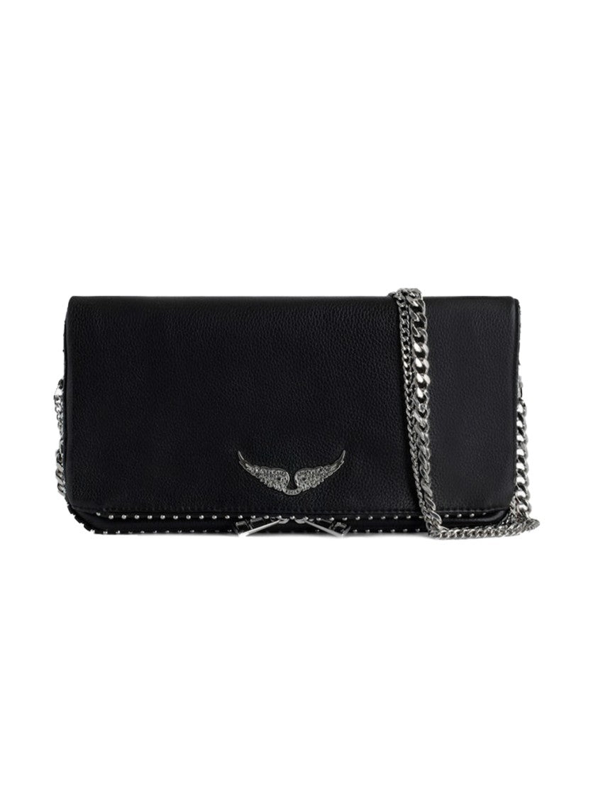 Zadig & Voltaire Textured Black Clutch Bag With Silver Wing Emblem