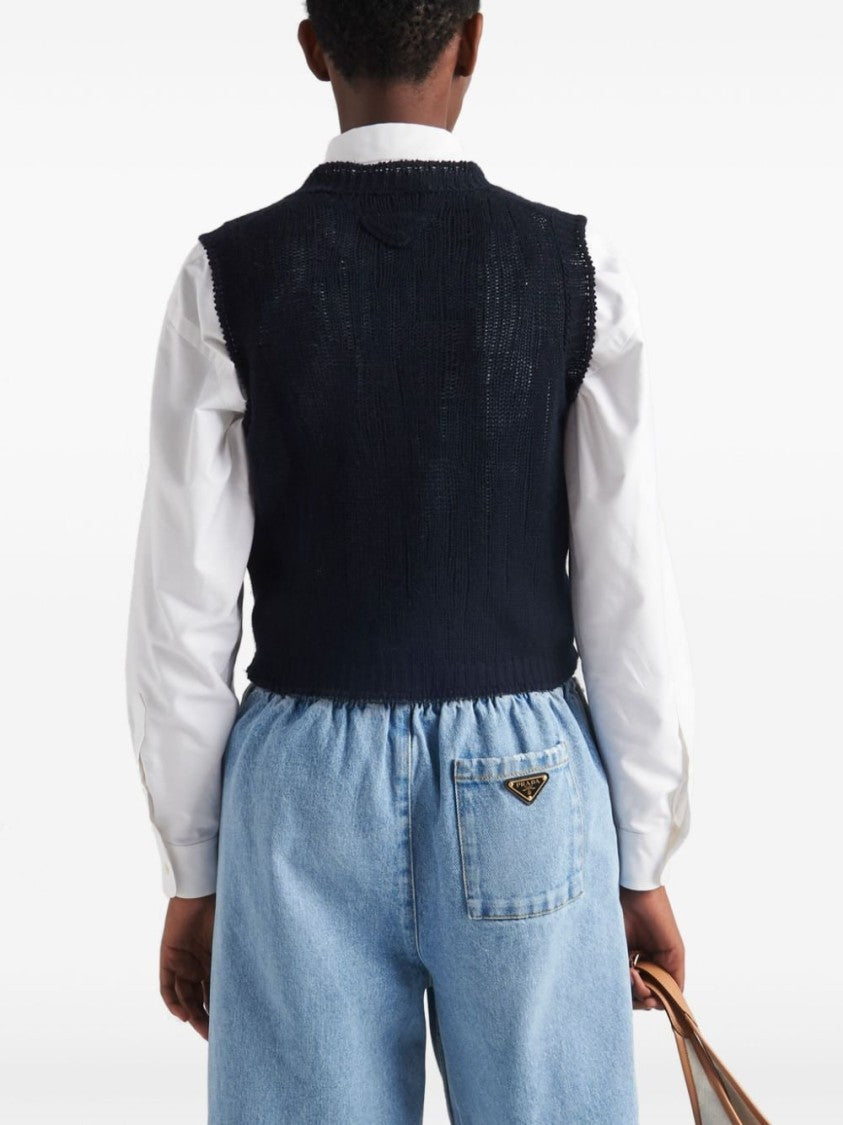 Prada V-Neck Cashmere Vest With Ribbed Trim