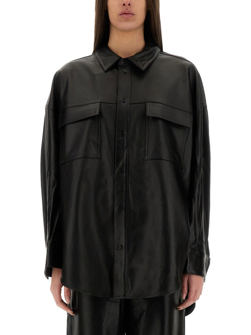 Michael Michael Kors Button-Up Oversized Black Lamb Leather Jacket