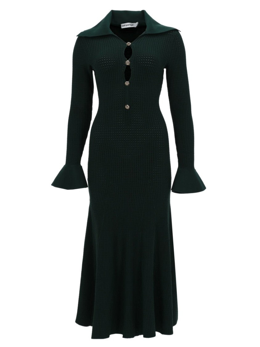 Self-Portrait V-Neck Ribbed Knit Cut-Out Day Dress