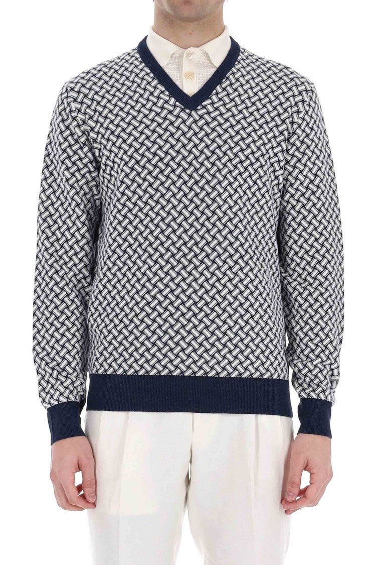 Drumohr Biscottino Pattern Cotton-Linen V-Neck Sweater
