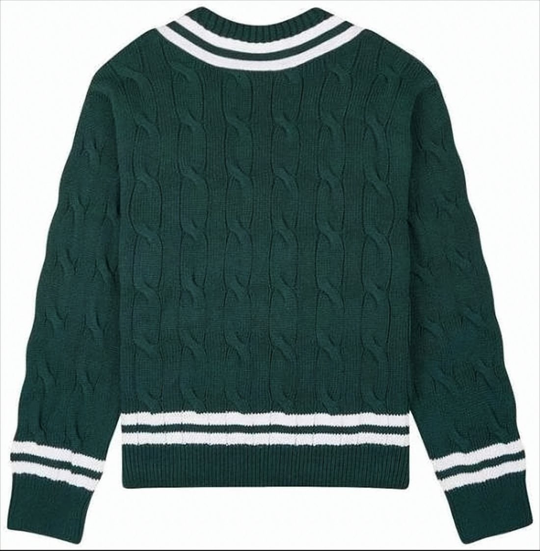 Sporty And Rich V-Neck Cable Knit Sweater With Contrasting Stripes