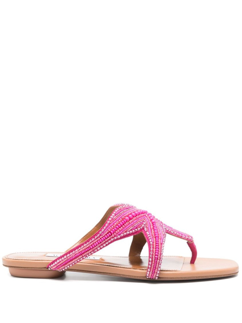 Aquazzura Bead-Embellished Fuchsia Pink Flat Sandals