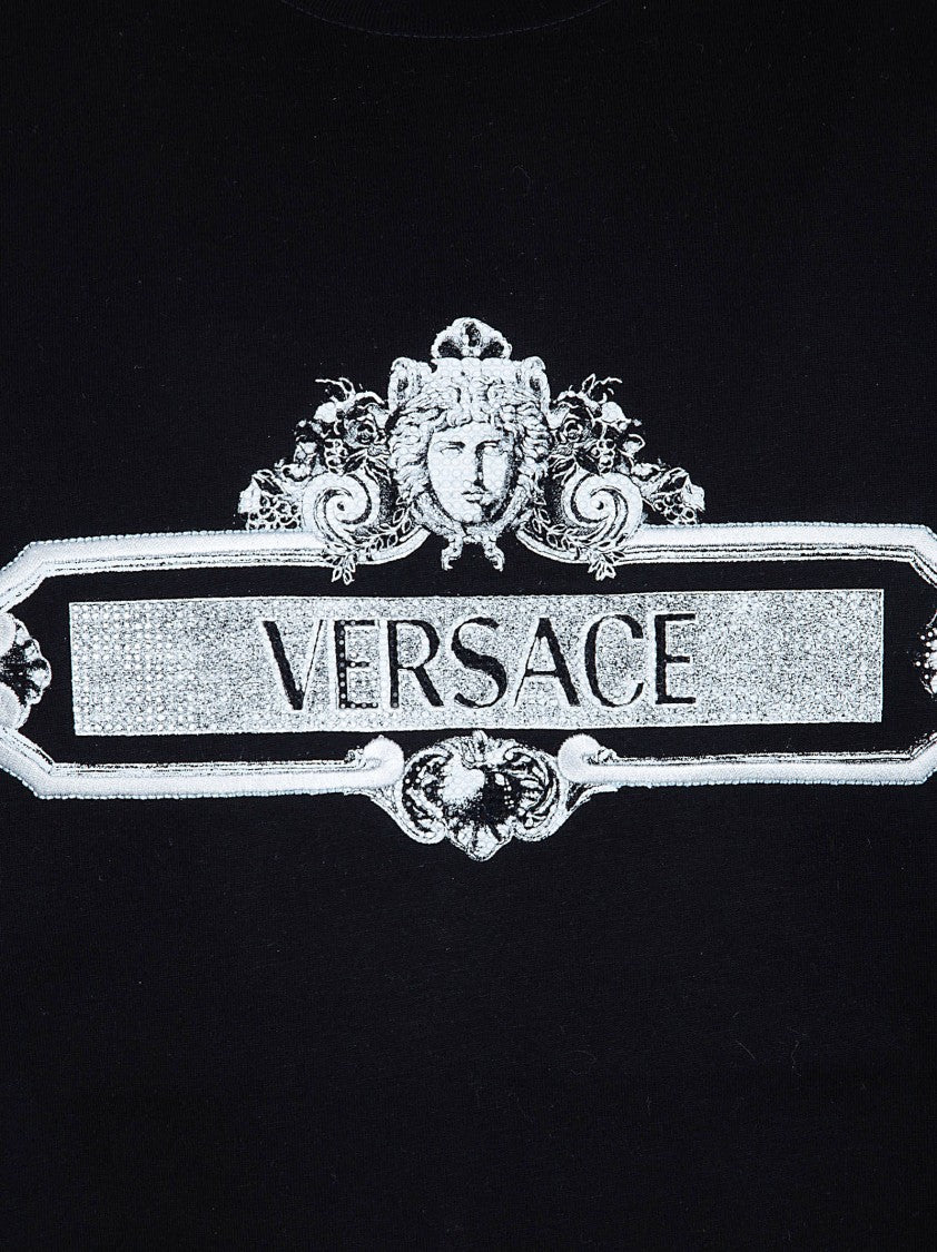 Versace Short-Sleeve Black T-Shirt With Ornate Silver Graphics