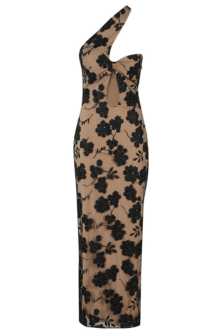 Rotate Flower Beads Midi Dress With One-Shoulder Design