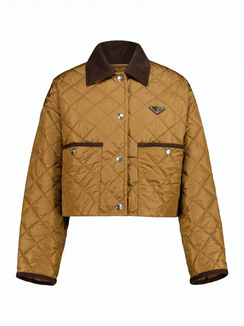 Prada Cropped Quilted Jacket With Diamond Pattern And Contrasting Trim