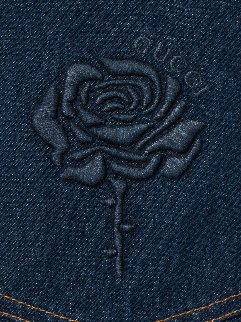 Gucci Blue Washed Denim Rose Embroidery Pants
