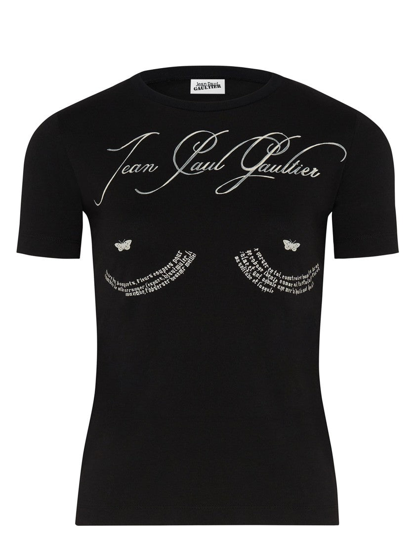 Jean Paul Gaultier Black Jersey T-Shirt With Artistic Tattoo Poem Print