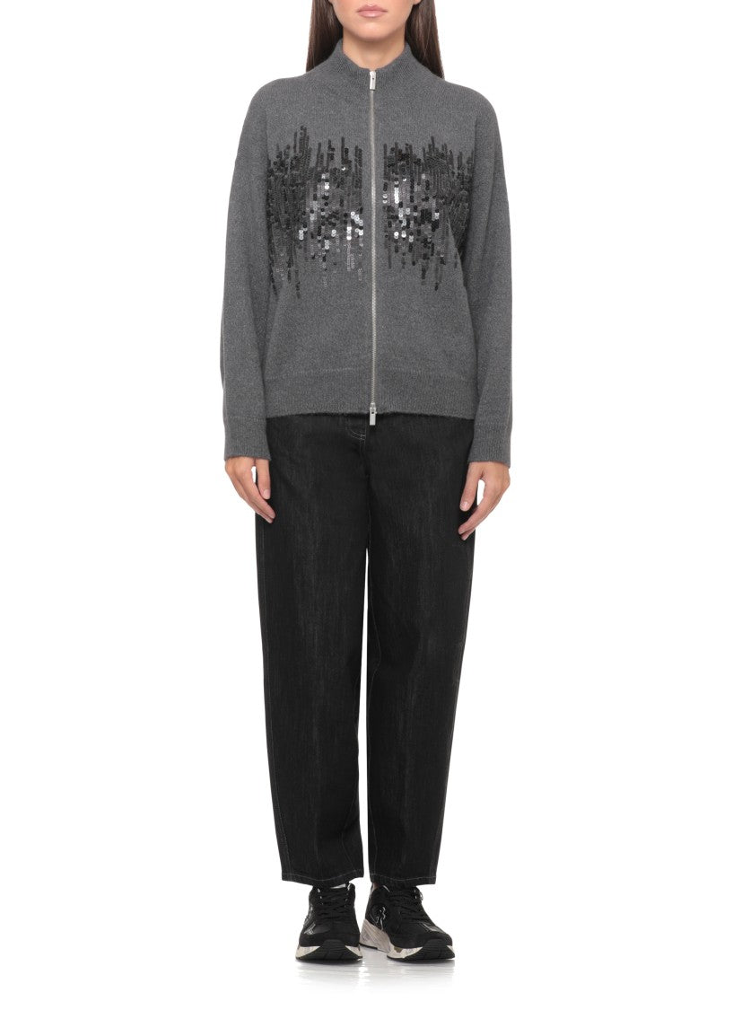 Peserico Grey Wool Blend Cardigan With Paillettes And High Neck Design