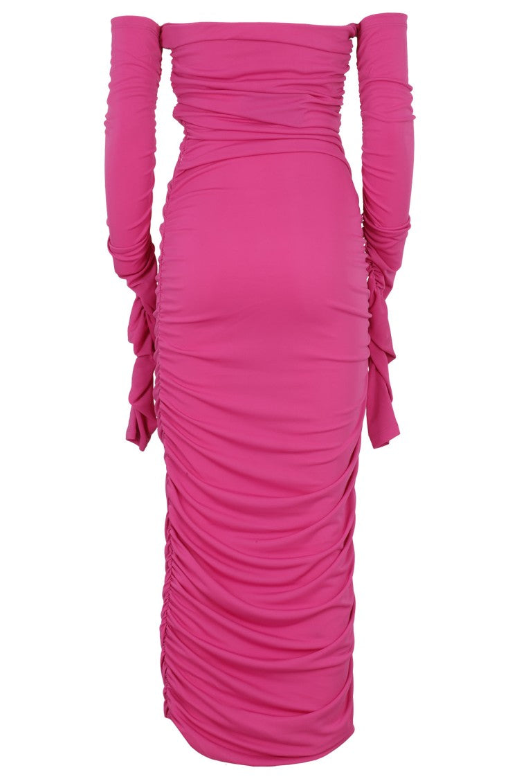 The Andamane Draped Off-Shoulder Midi Dress In Vivid Fuchsia