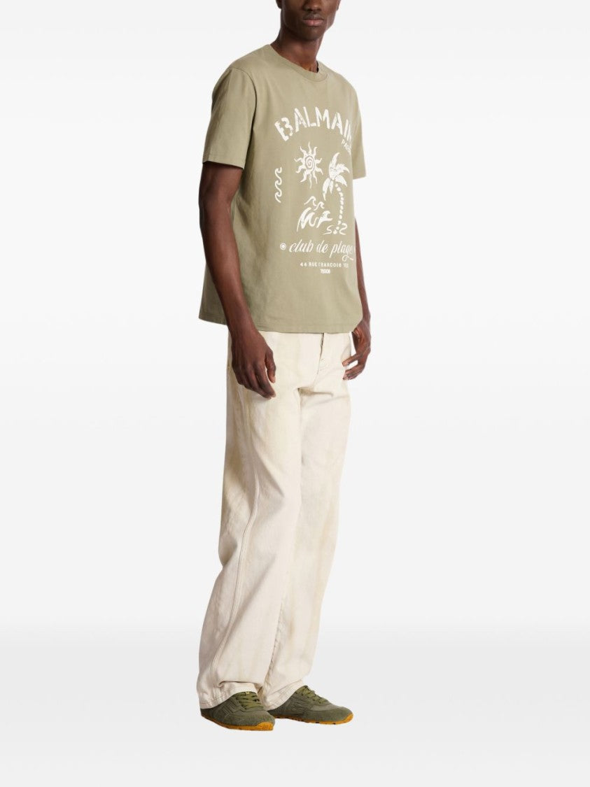 Balmain Muted Green Relaxed Tropical Print T-Shirt