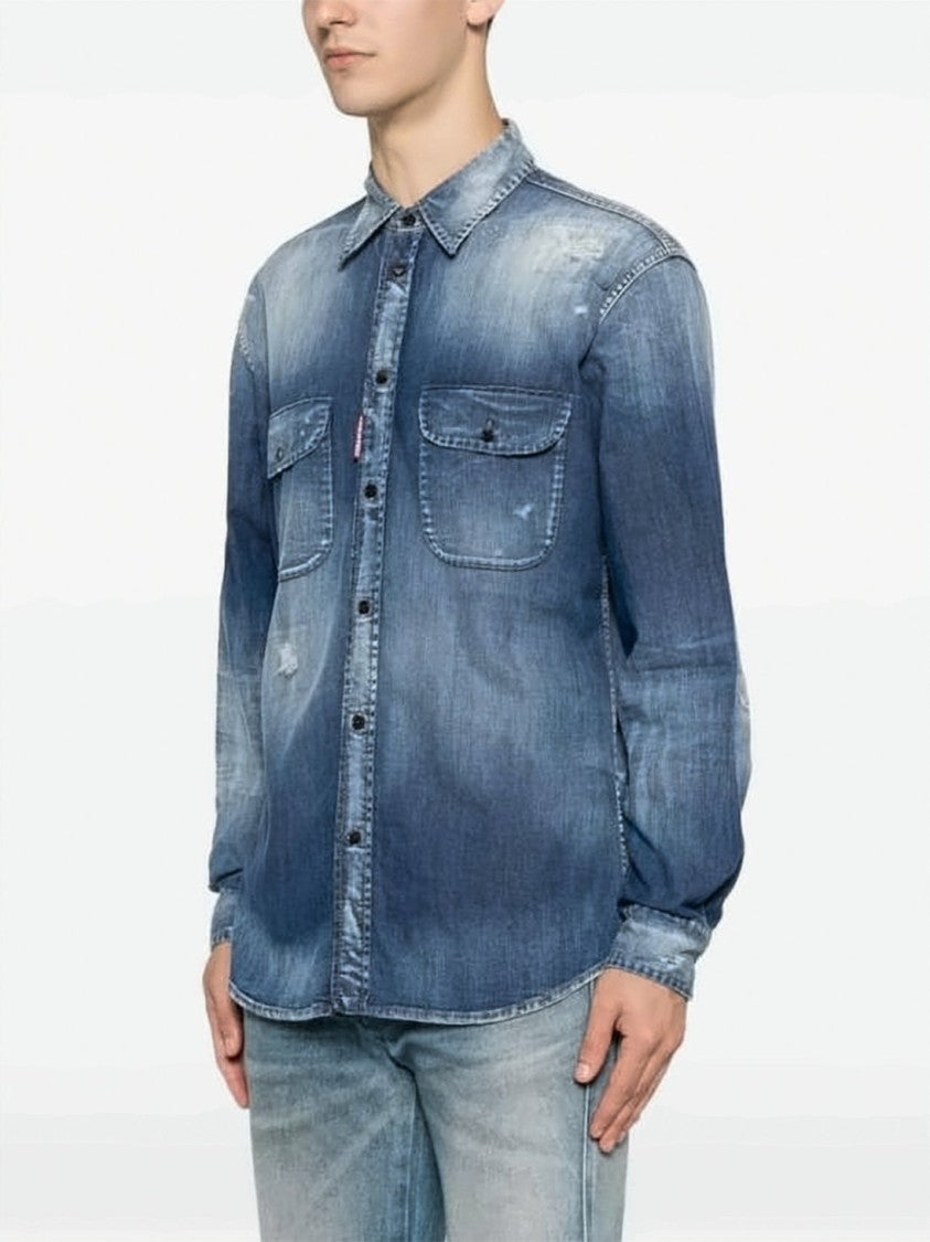 Dsquared2 Blue Long-Sleeve Distressed Wash Denim Shirt