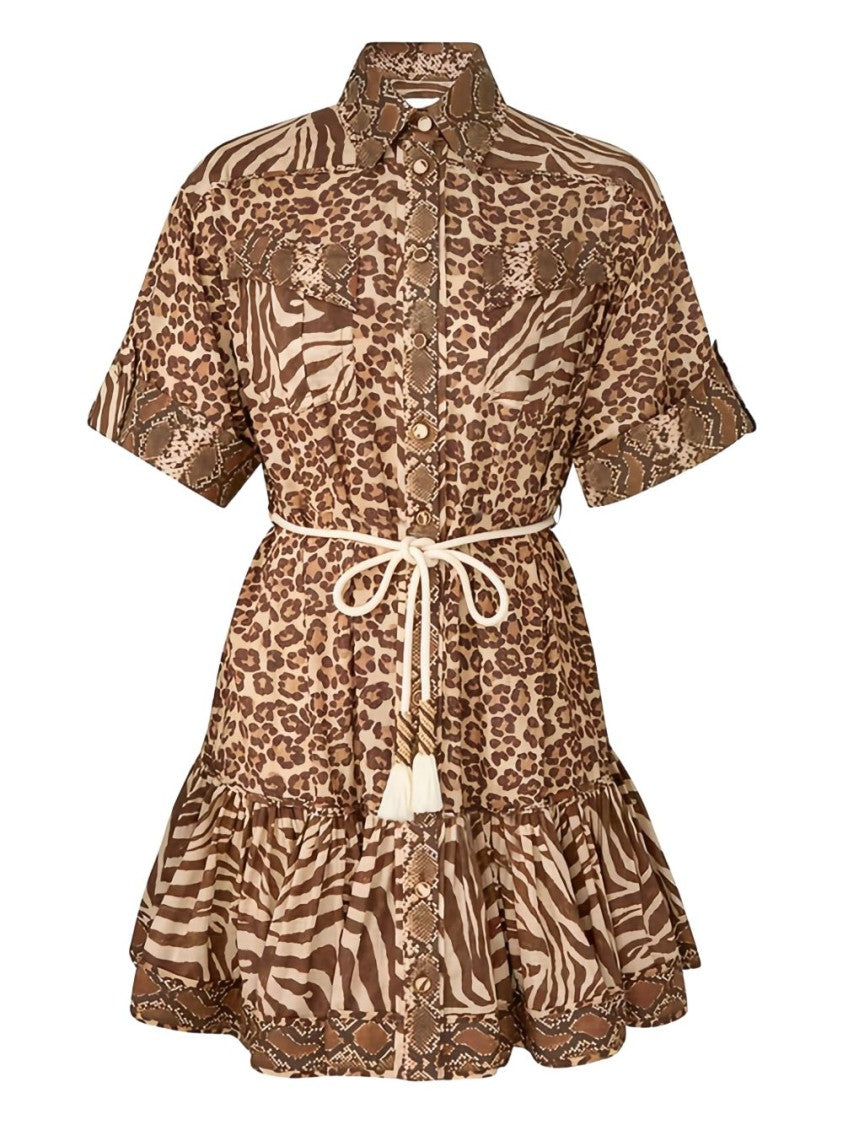 Zimmermann Multicolour Animal Print Mini Dress With Ruffled Hem