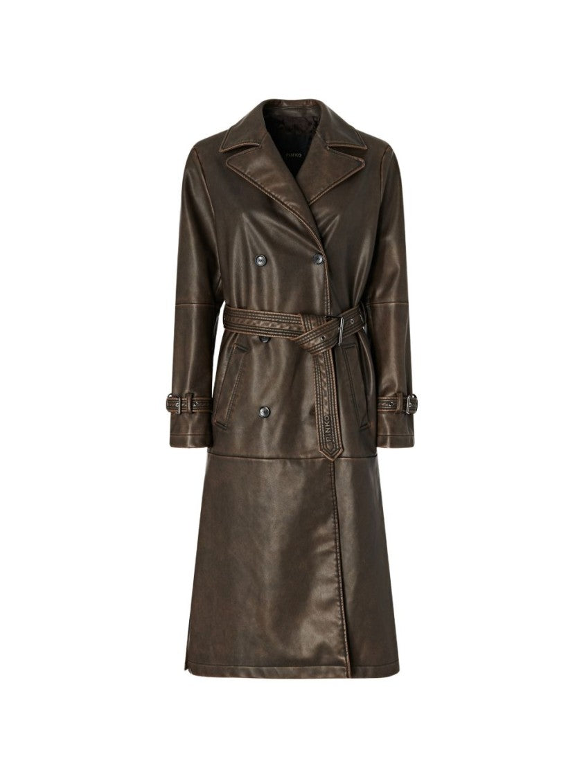 Pinko Dark Brown Knee-Length Double-Breasted Faux Leather Jacket