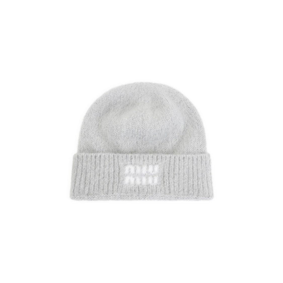 Miu Miu Ribbed Grey Mohair Hat With Contrasting Jacquard Logo