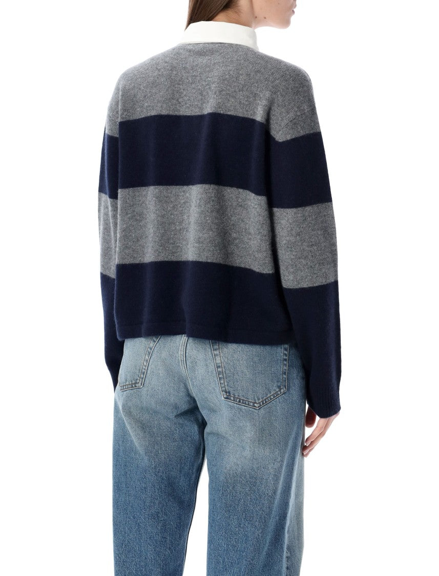 Sporty And Rich Heather Gray And Navy Cashmere Rugby Polo