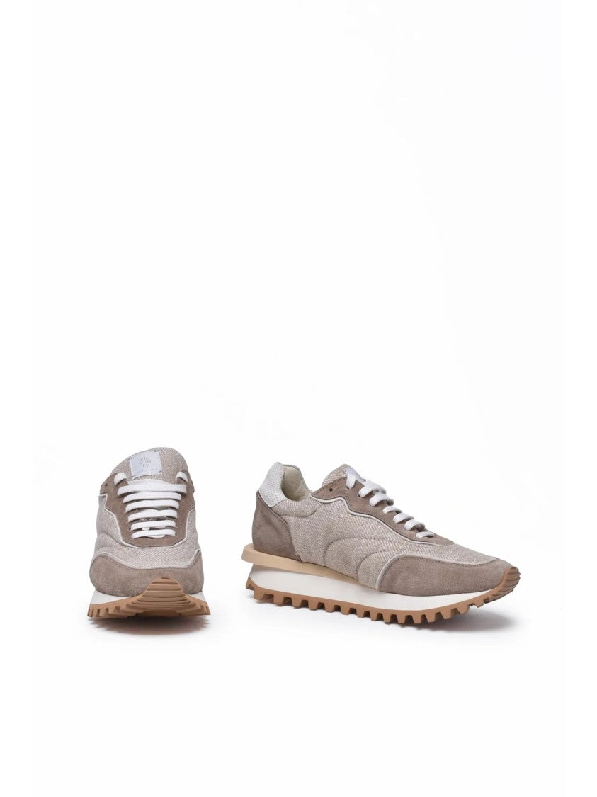 Eleventy Beige Lamé Fabric Suede Sneakers