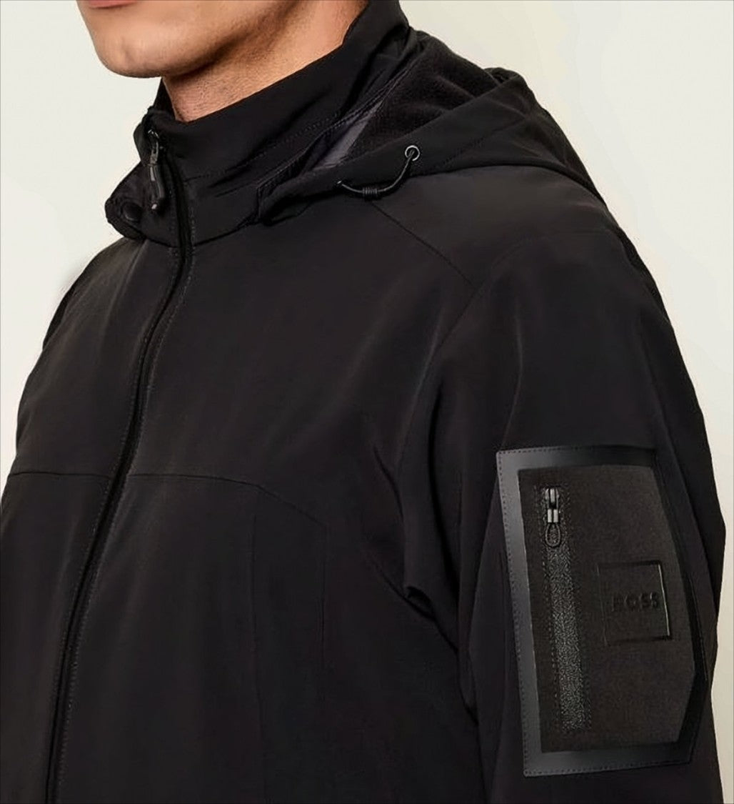 Boss Minimalistic Black Hooded Jacket With Snap Buttons