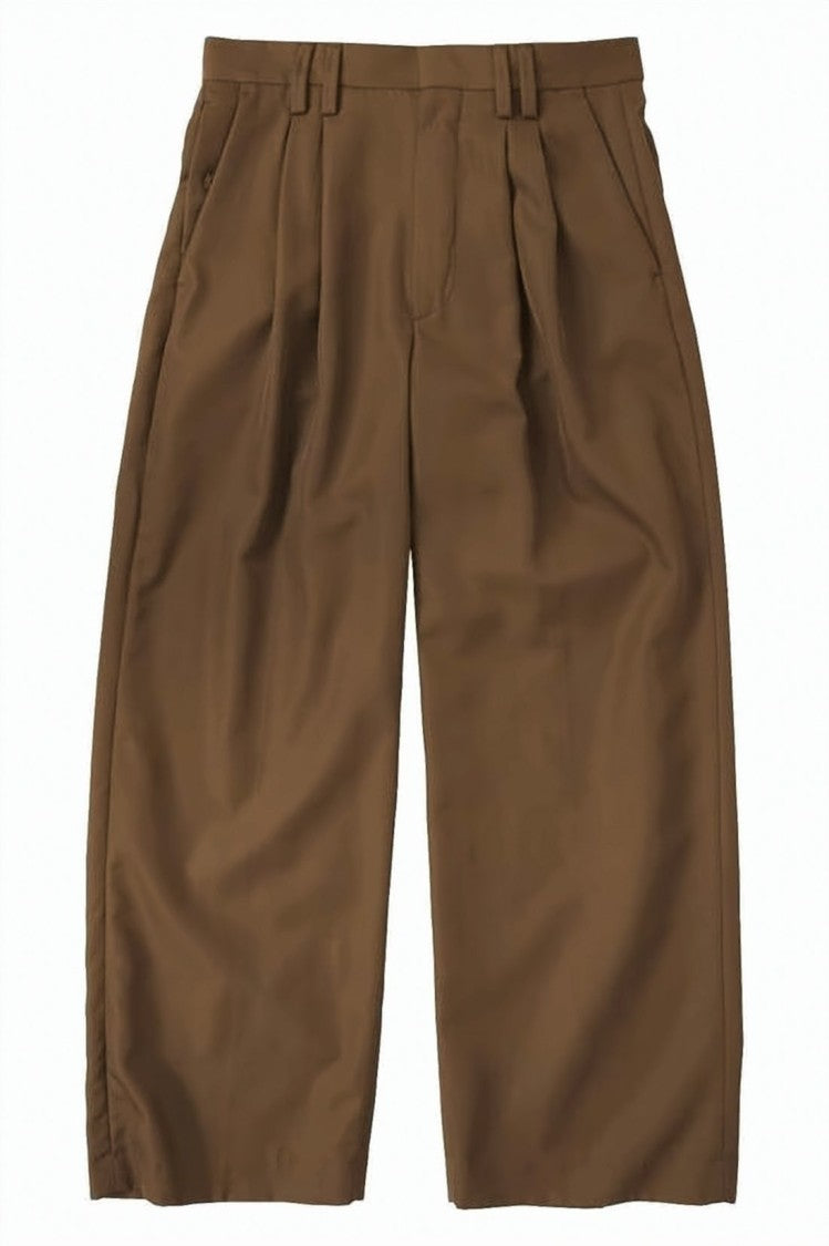 Closed Wide-Leg Brown Pleated Pants