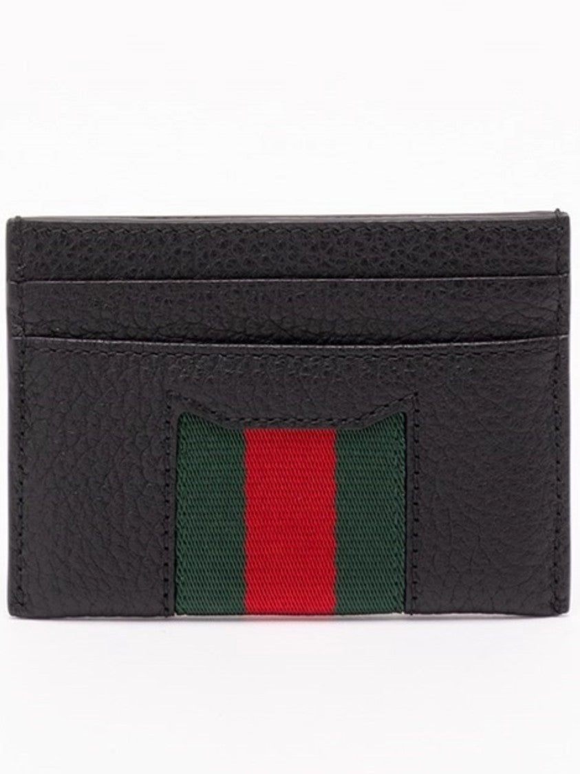 Gucci Textured Black Leather Card Case With Central Stripe