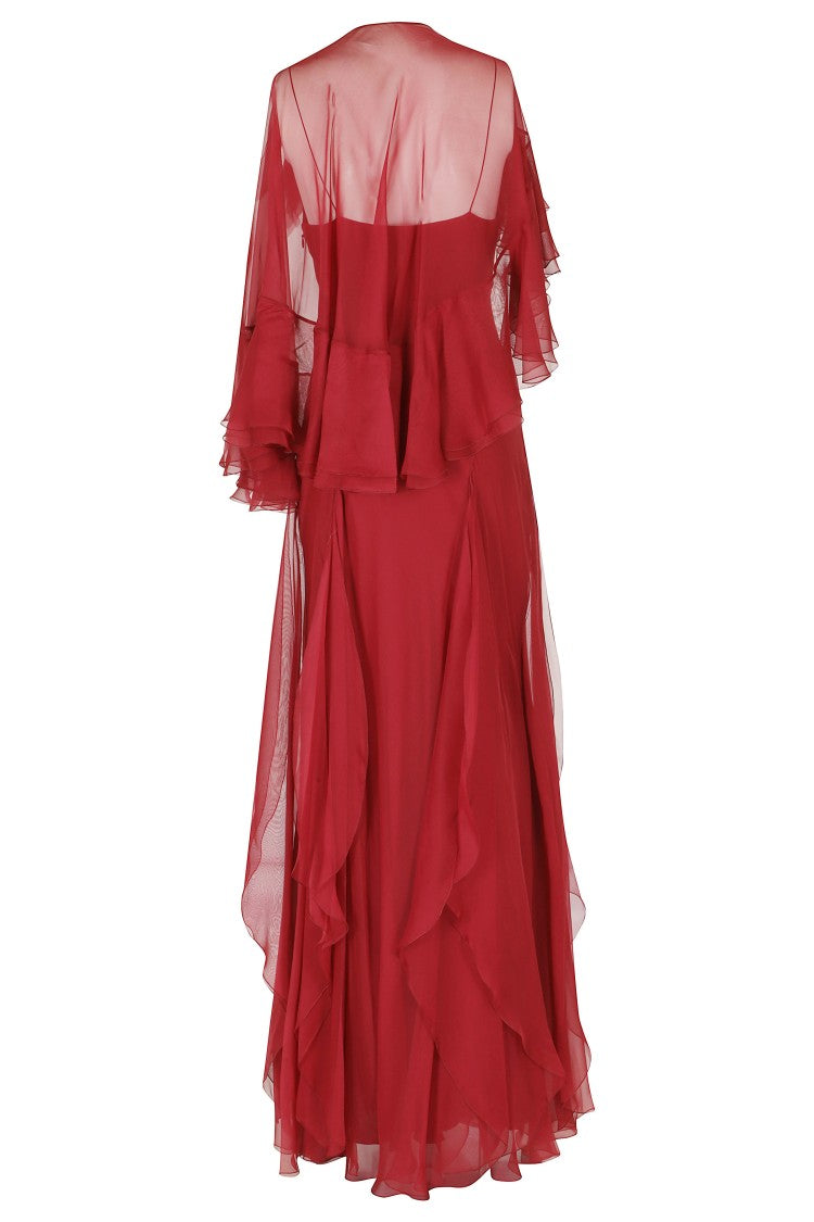 Alberta Ferretti Red Chiffon Detachable Flower Cape Overlay Silk Dress