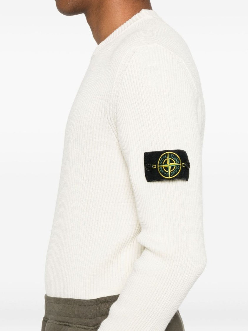 Stone Island Ivory Ribbed Knit Sweater With Crew Neckline