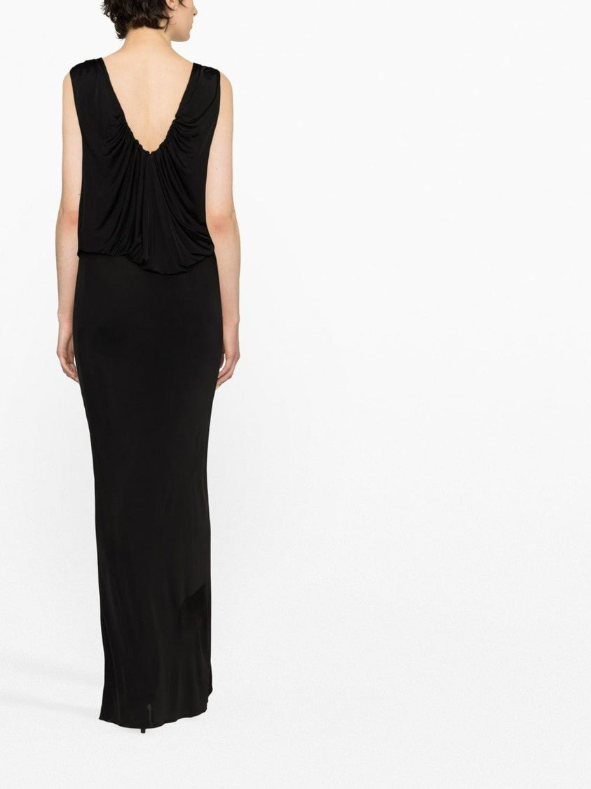 Saint Laurent Long Black Dress With Gathered Bodice